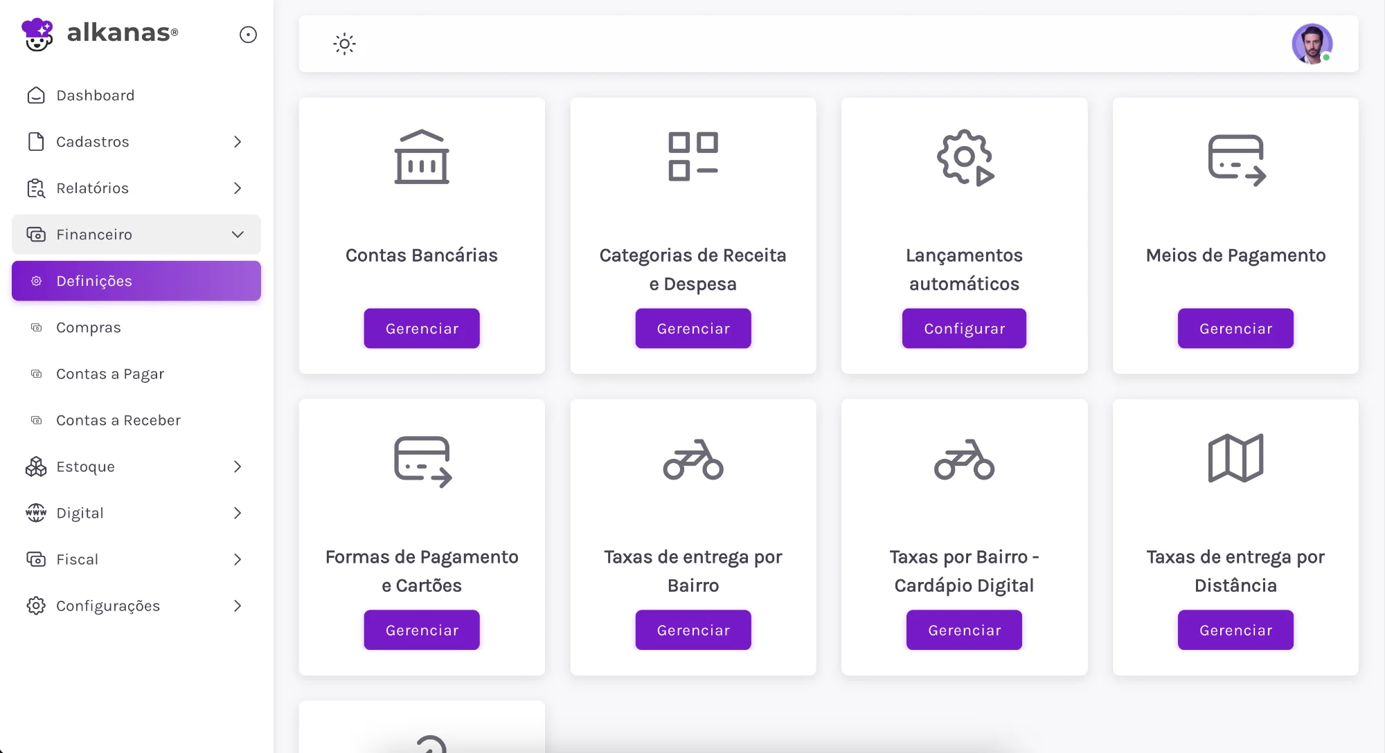Tela de gestão financeira Alkanas